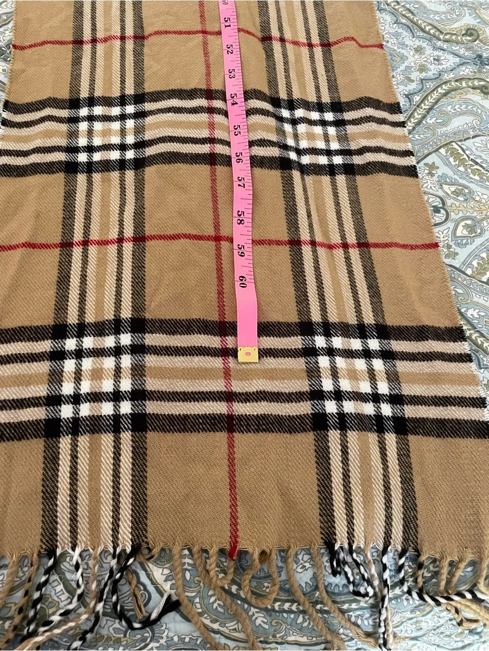 Cashmere Feel Italy Design Camel Plaid Tartan Fringe Scarf Wrap 60x12 🧣Italian